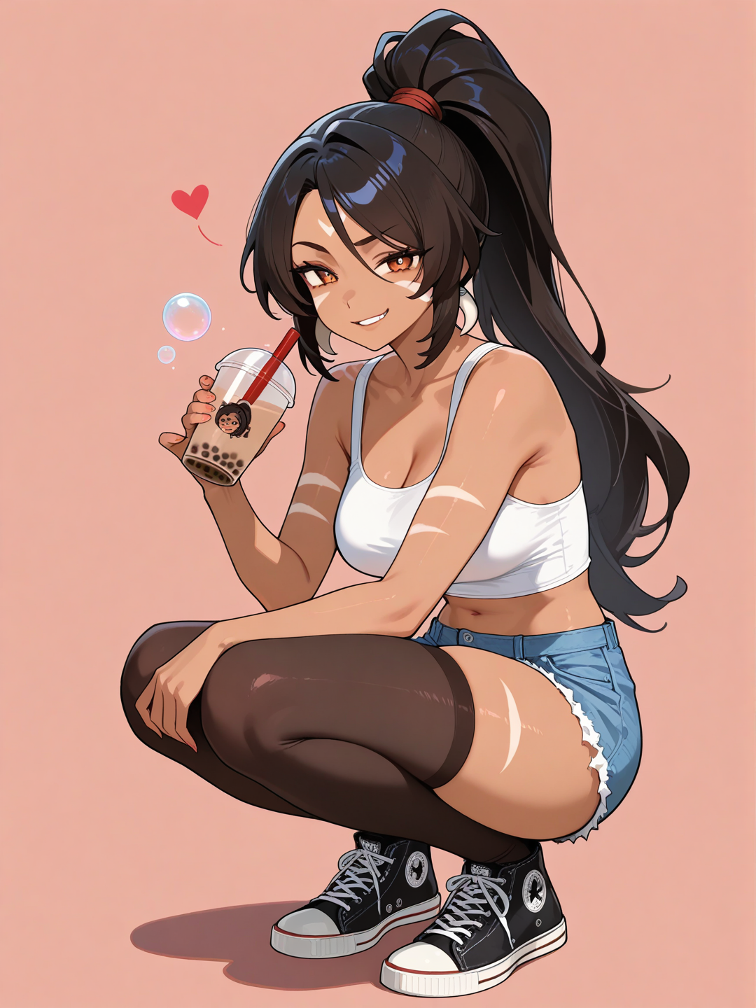 @Nidalee, tank top, short shorts, thigh high stockings, converse, full body, boba tea in hand, smirk