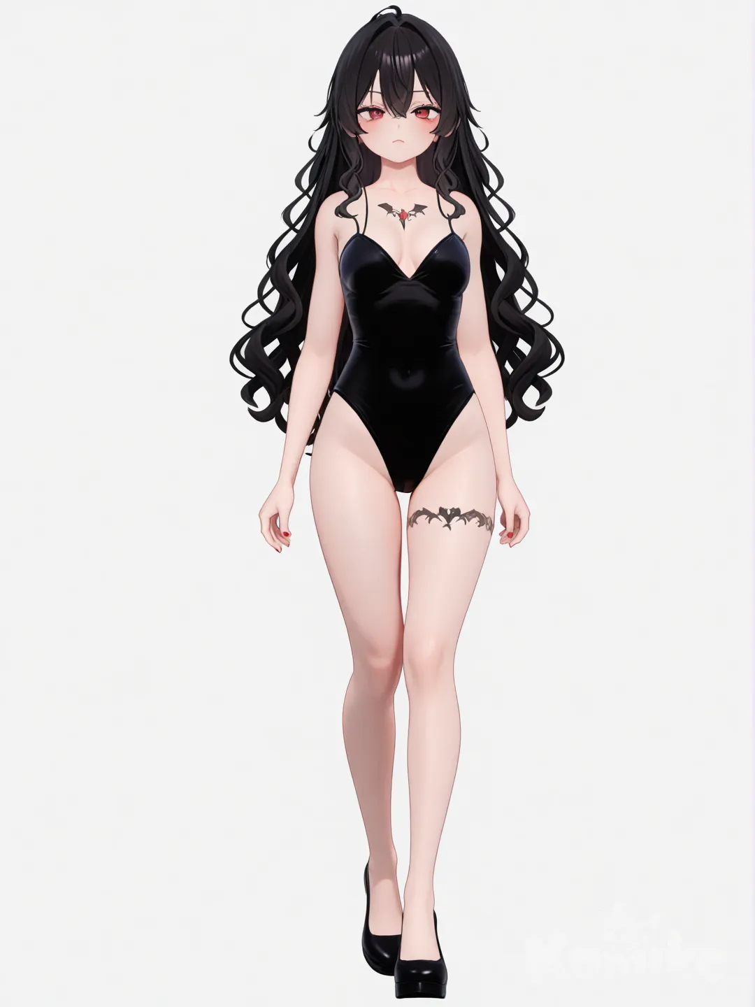 [3d-anime-style] 1girl, vampire, mature, slim, long_hair, black_hair, wavy_hair, red_eyes, tattoo, sexy, single character, full body, looking at viewer, anime style, simple background, white background