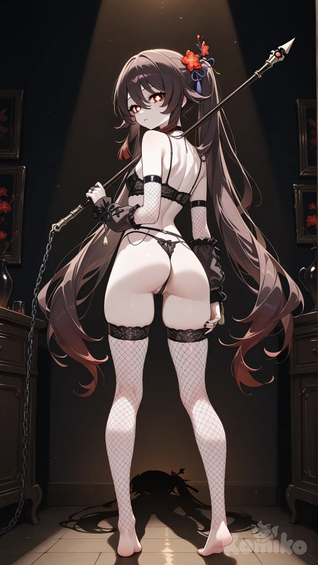 +18, @Hu_Tao_(Genshin_Impact) , +18, goth, adult version, pale, skinny, small cute butt, red eyes, hearts in the eyes, thick black eyeliner, small breasts, black lingerie, very long black hair, small pussy, black choker with chains, fishnet on arms and thighs, black thong, view from back, looking back at viewer, barefoot, spooky dark room