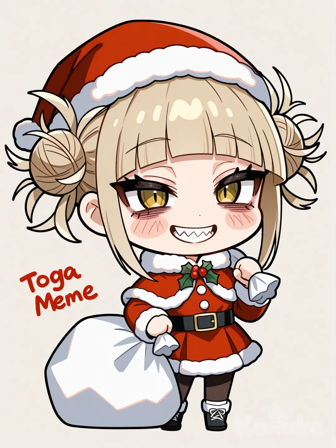 1girl,solo,(((chibi))),meme,padoru (meme),sack,holding sack,holding,red Santa hat,red Santa costume,Christmas,holly,:d,simple background,toga himiko,yellow eyes,slit pupils,bags under eyes,blonde hair,sidelocks,blunt bangs,narrowed eyes,double bun,hair bun,messy hair