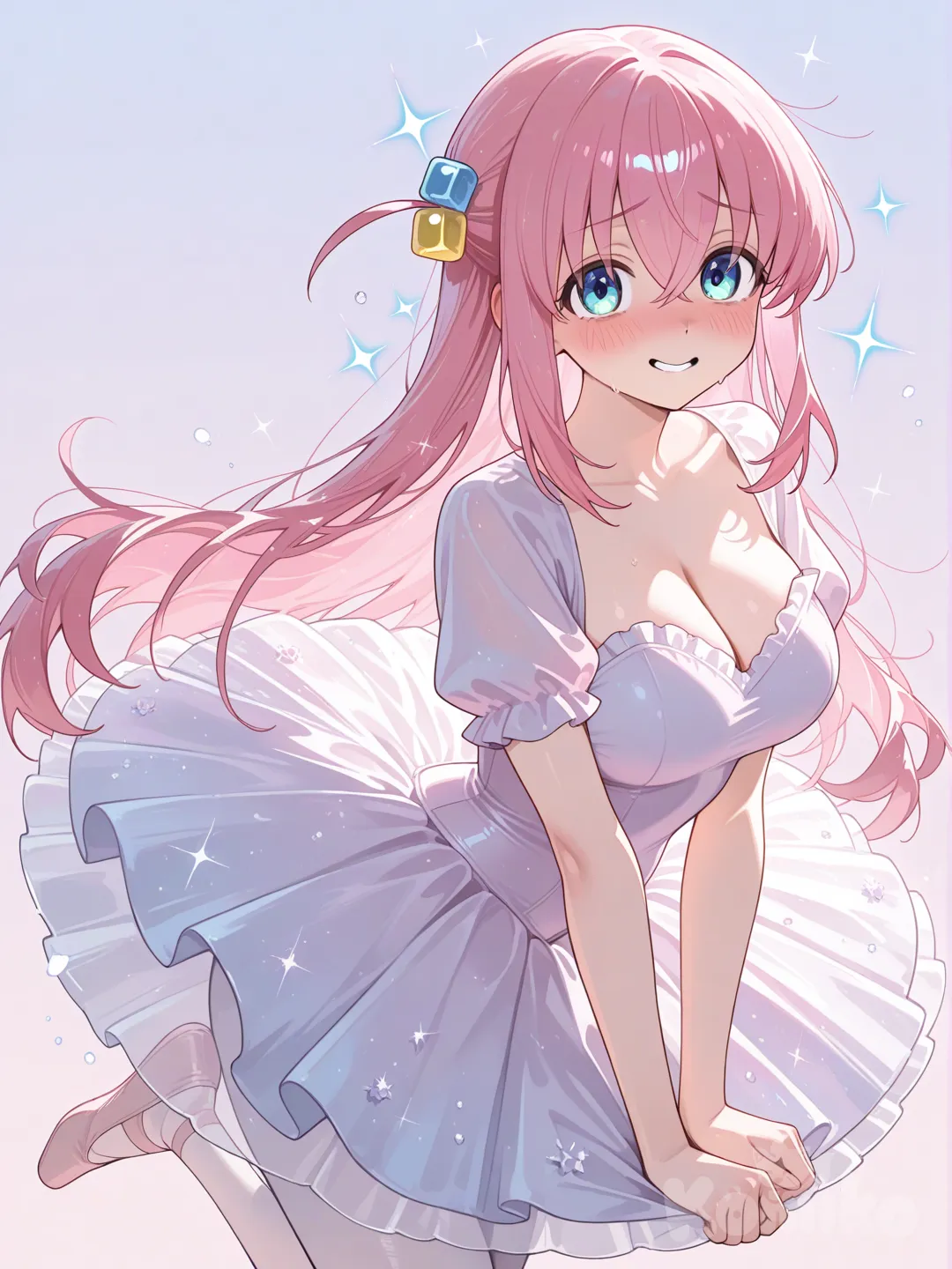 score_6_up, score_7_up, score_8_up, highly face, maximum resolution, soft, pastel, glowing, gotoh hitori, pink hair, long hair, hair between eyes, blue eyes, cube hair ornaments, <lora:tutu-ponyxl-lora-nochekaiser:1>, tutu, ballerina, ballet, ballet slippers, white pantyhose, embarrassed, face embarrassed, smile nervous, girl nervous,large breasts