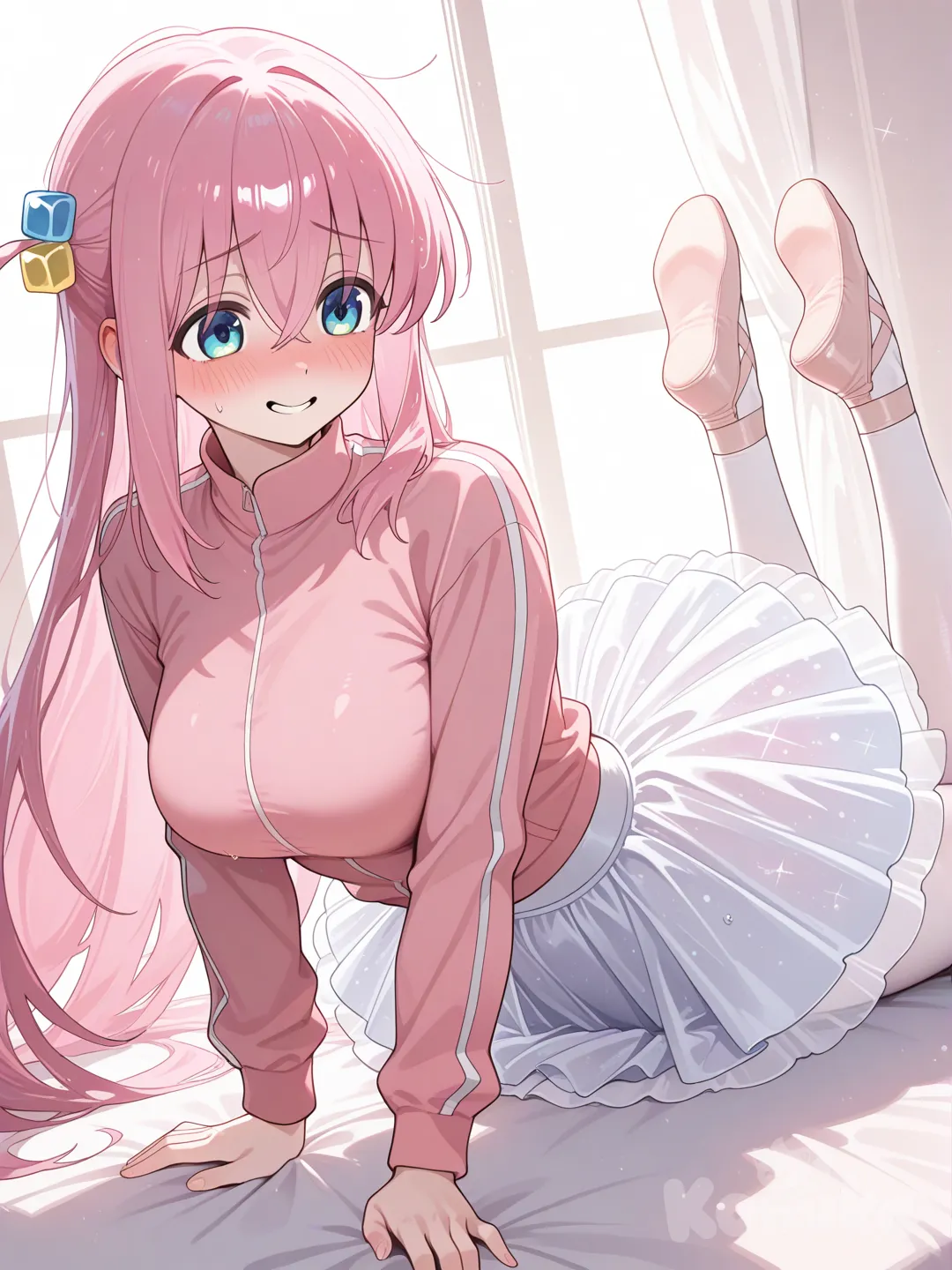 score_6_up, score_7_up, score_8_up, highly face, maximum resolution, soft, pastel, glowing, gotoh hitori, pink hair, long hair, hair between eyes, blue eyes, cube hair ornaments, <lora:tutu-ponyxl-lora-nochekaiser:1>, tutu, ballerina, ballet, ballet slippers, white pantyhose, embarrassed, face embarrassed, smile nervous, girl nervous,large breasts , @Gotoh_Hitori