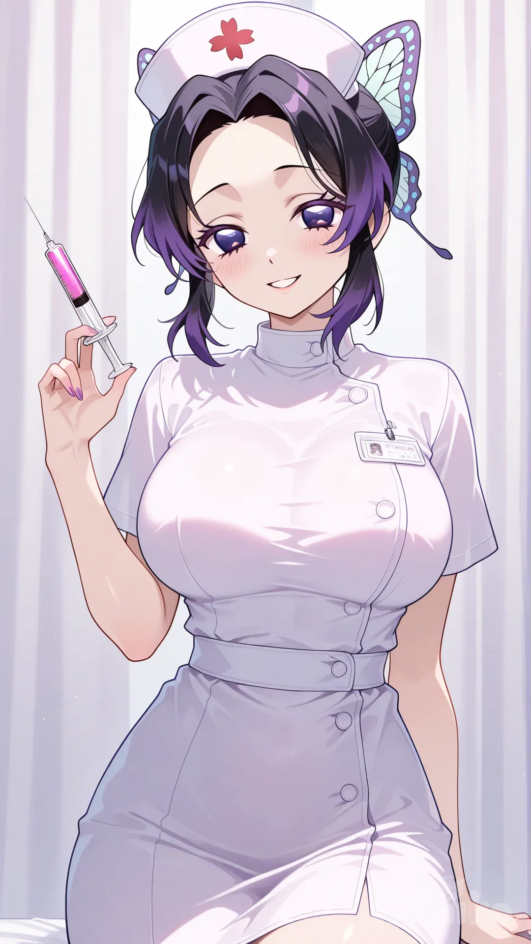 1girl, shinobu kochou\(demon slayer\), nurse uniform, smiling, looking at viewer, white hairband, holding syringe, @Kochou_Shinobu