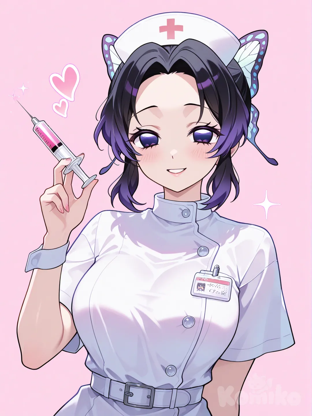 1girl, shinobu kochou\(demon slayer\), nurse uniform, smiling, looking at viewer, white hairband, holding syringe, Kochou Shinobu