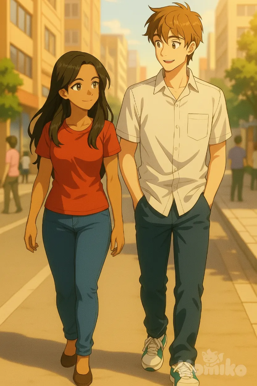“Leo y Sofía en estilo anime casual. Sofía mide 1.55 m, es morena, cabello negro largo con puntas rubias, ojos claros. Viste blusa roja sencilla de manga corta y jeans azules ajustados, con zapatos cómodos.