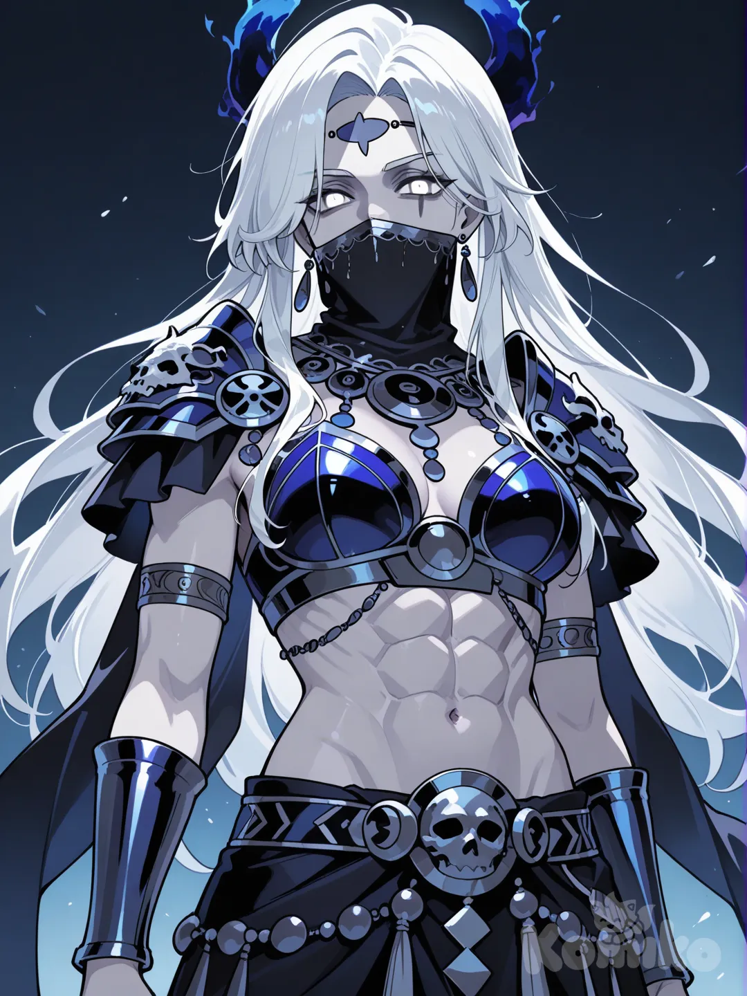 Hecate from Hades game, crop top, abs, white eyes, scarf on mouth