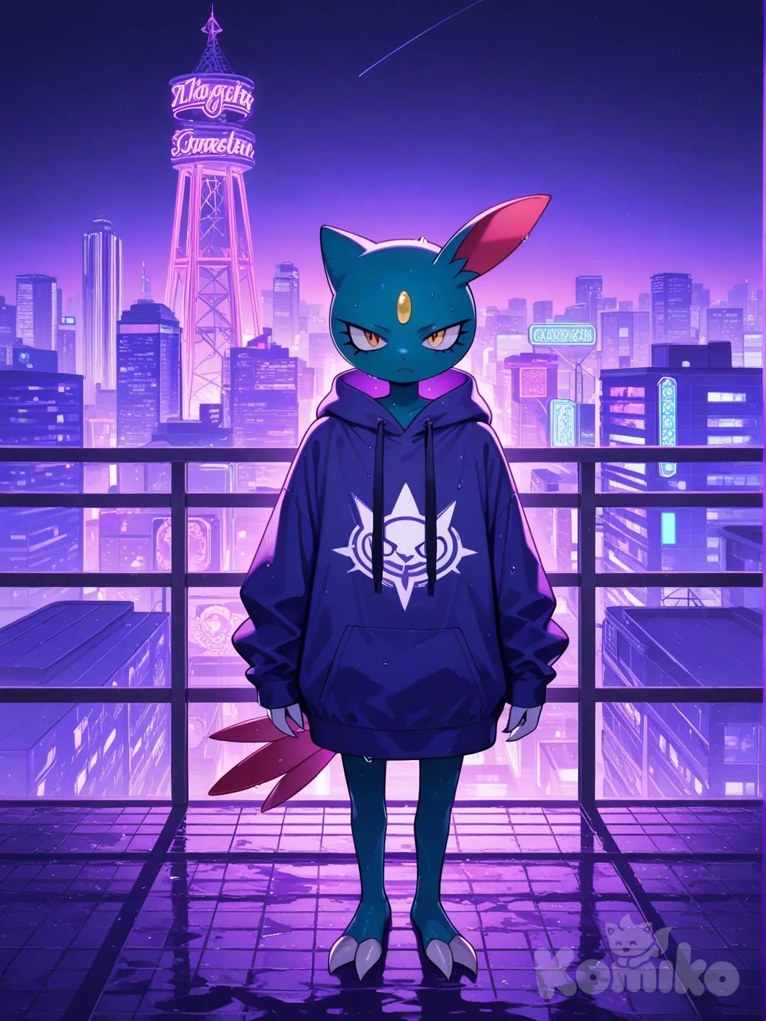 cyberpunk, sneasel Pokémon, rooftop, night, multiple colour neon lights, with oversized hoodie