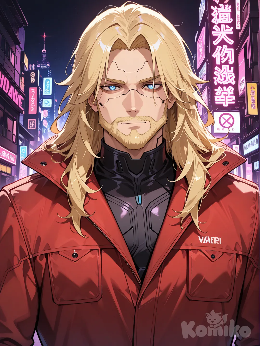 blonde hair, long hair, male Cyberpunk character, red coat, short beard