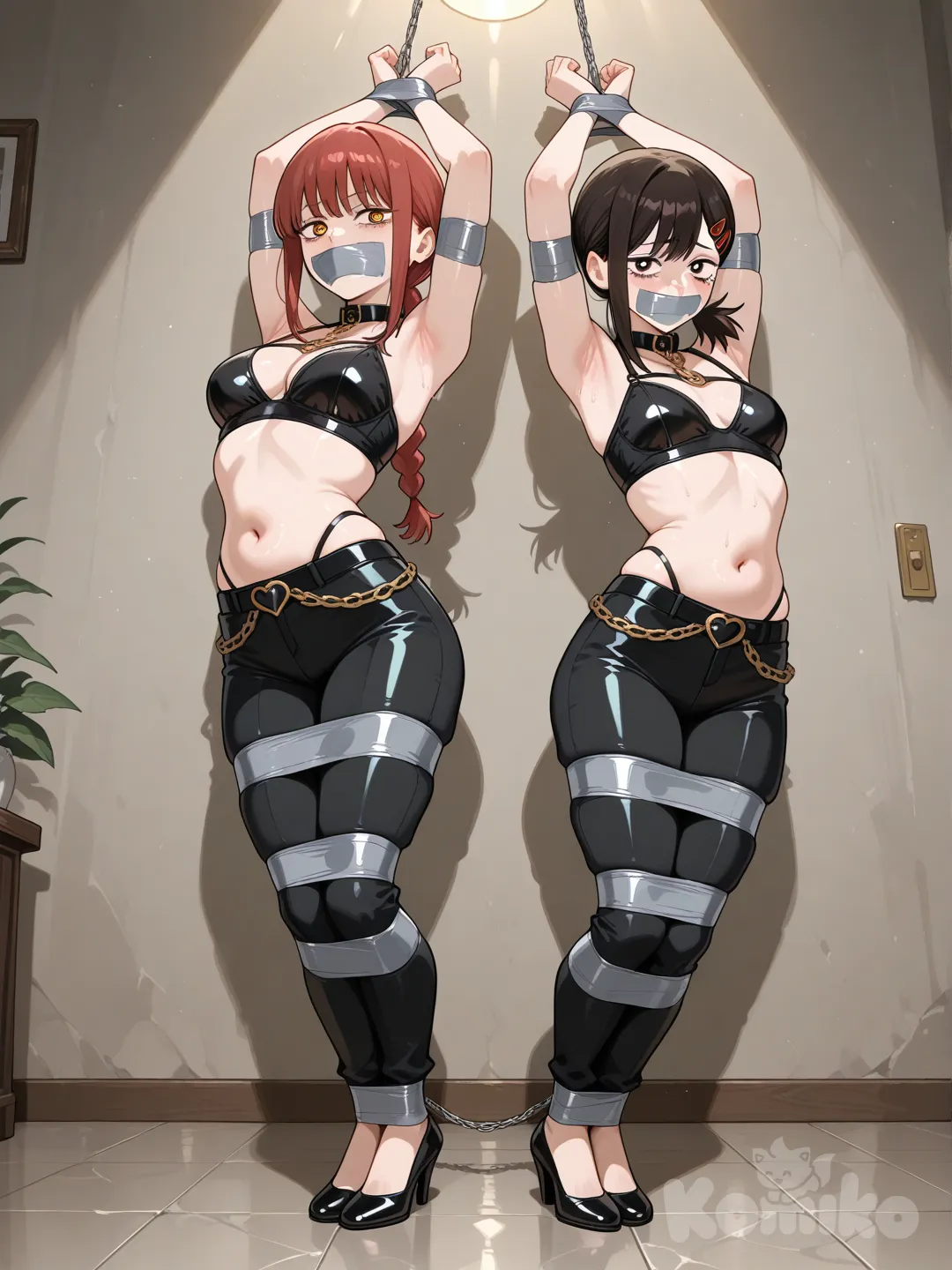 her mouth is taped shut, and her body, hands, and legs are tied with tape., @Higashiyama_Kobeni, glasses Belly Dance, @Makima_(Chainsaw_Man)