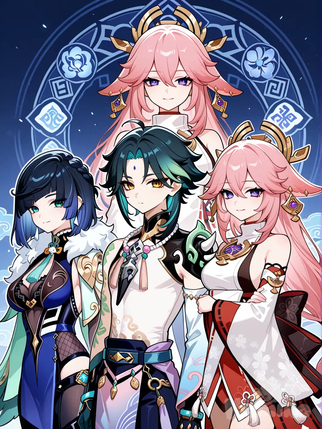 @Xiao_(Genshin_Impact), @Xianyun_(Genshin_Impact), @Yelan_(Genshin_Impact), @Yae_Miko