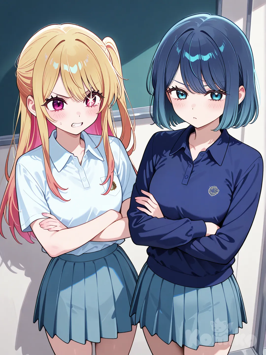 Hoshino Ruby, Kurokawa Akane, polo shirt, school uniform, angry