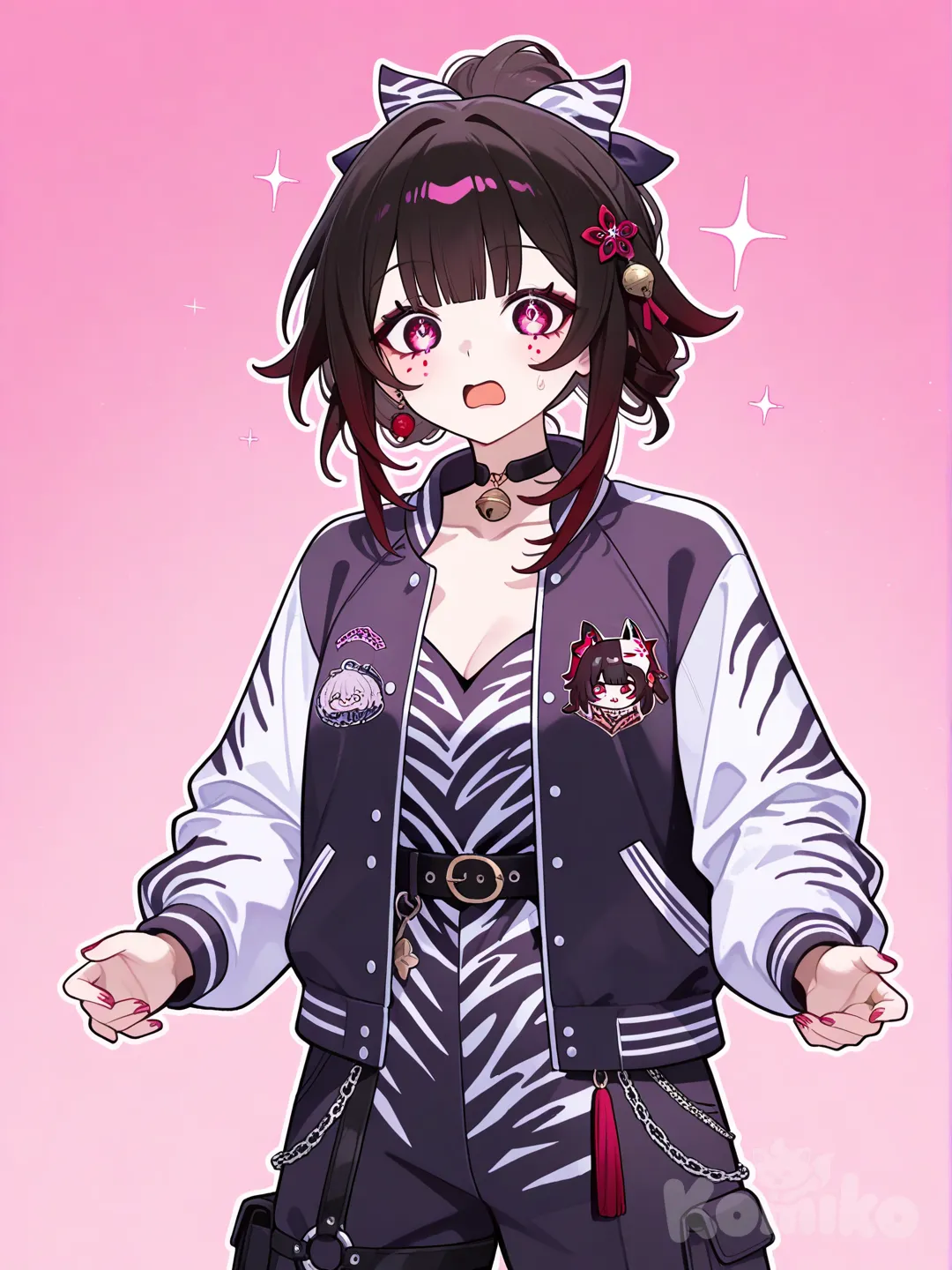 @Sparkle_(Honkai:Star_Rail), shocked, varsity jacket, gradient, updo, bow, zebra print, evening dress, cargo pants