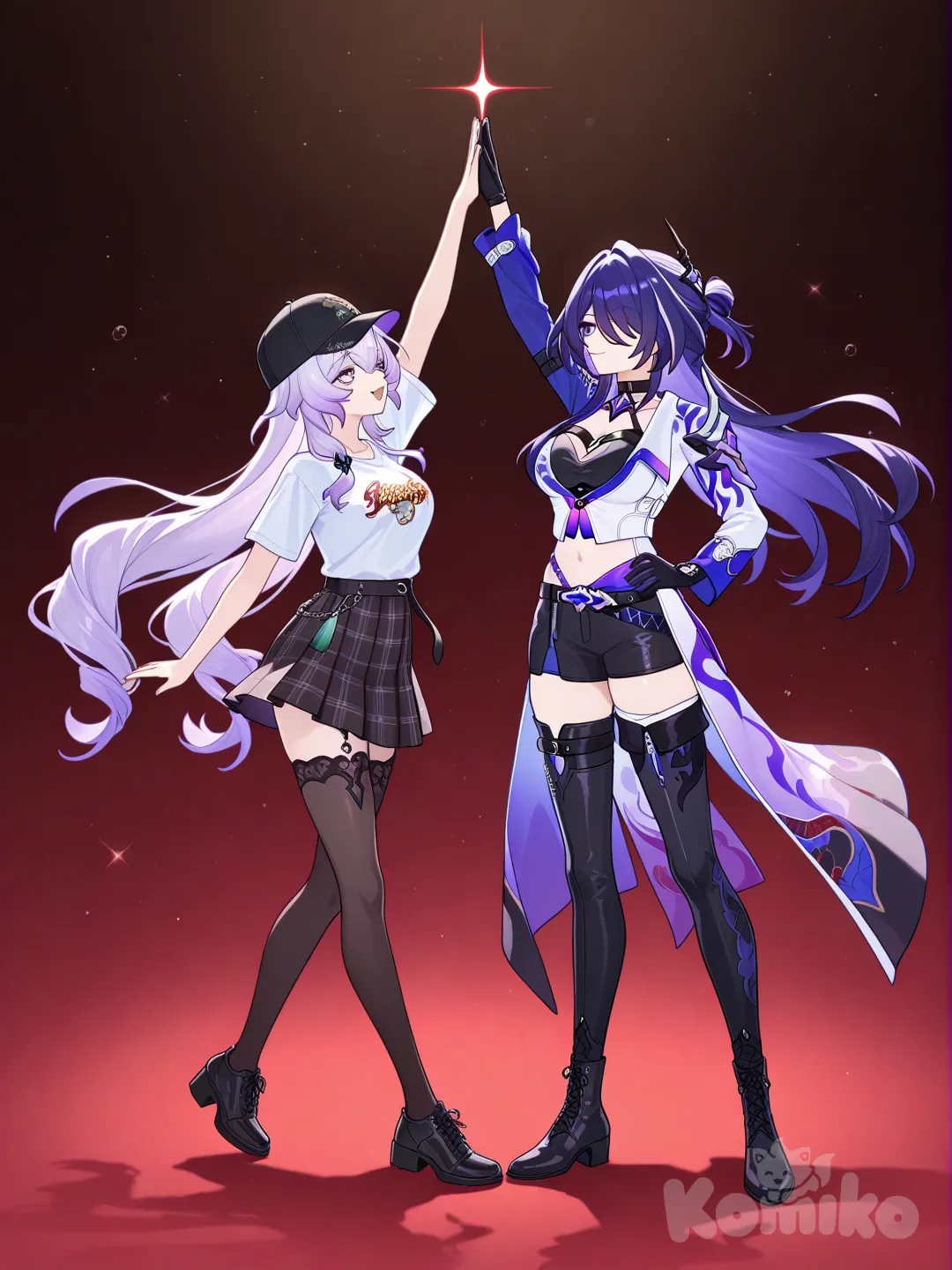 @Acheron_(Honkai:Star_Rail), @Black_Swan_(Honkai:Star_Rail), full body, bohemian shirt, pleated skirt, diving suit, zebra print, tassels, baseball cap, mullet, olive green, high five