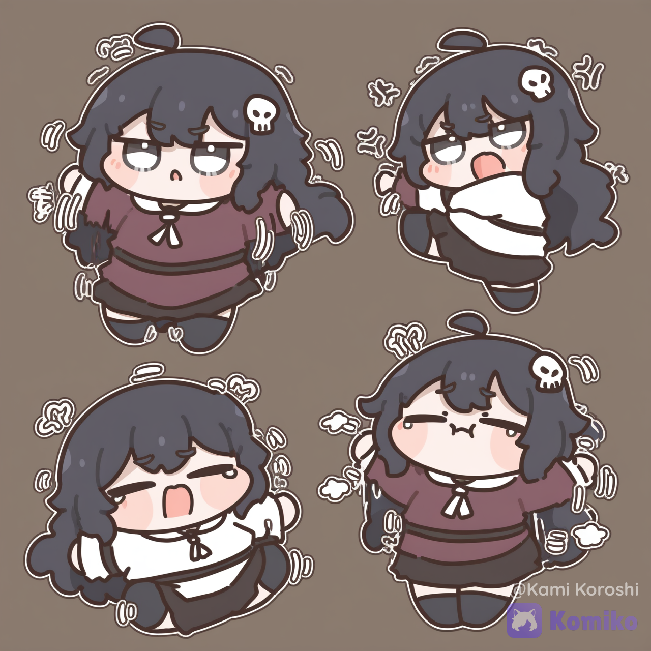 A chibi image of a girl lying on the ground, kicking and flailing in a petulant, playful manner, with an adorable tearful expression, [soft-chibi-style]