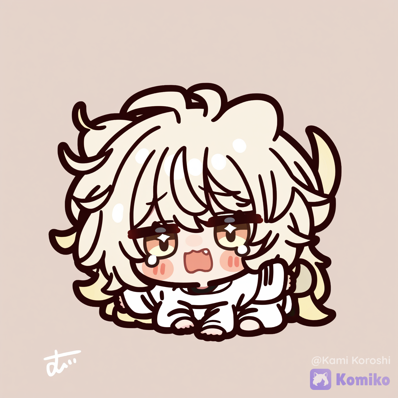 A chibi image of a girl lying on the ground, kicking and flailing in a petulant, playful manner, with an adorable tearful expression, [glossy-chibi-style]