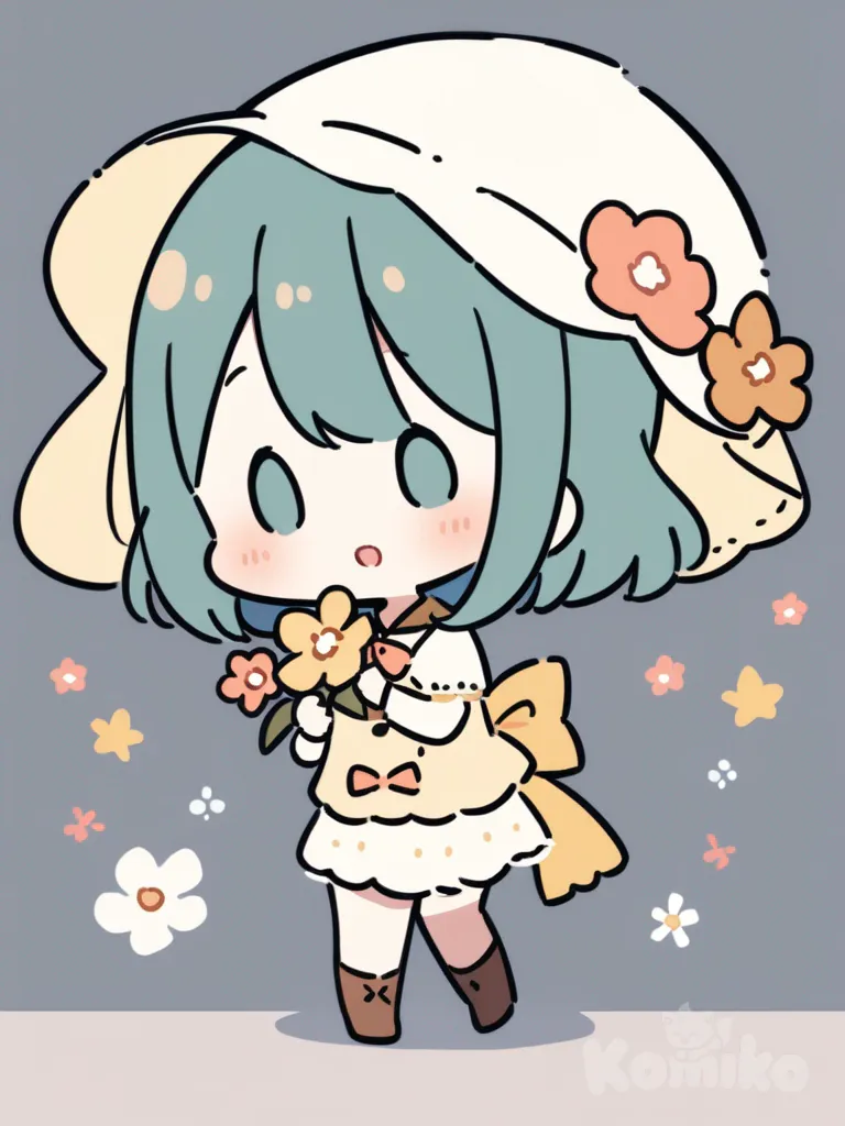 1girl, flower, by saku usako (rabbit), flat colors, chibi