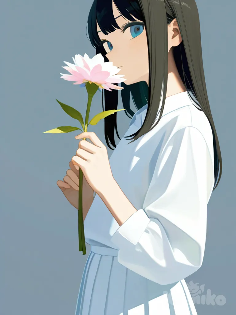 1girl, holding flower, flat color, no lineart, by astg, clothed