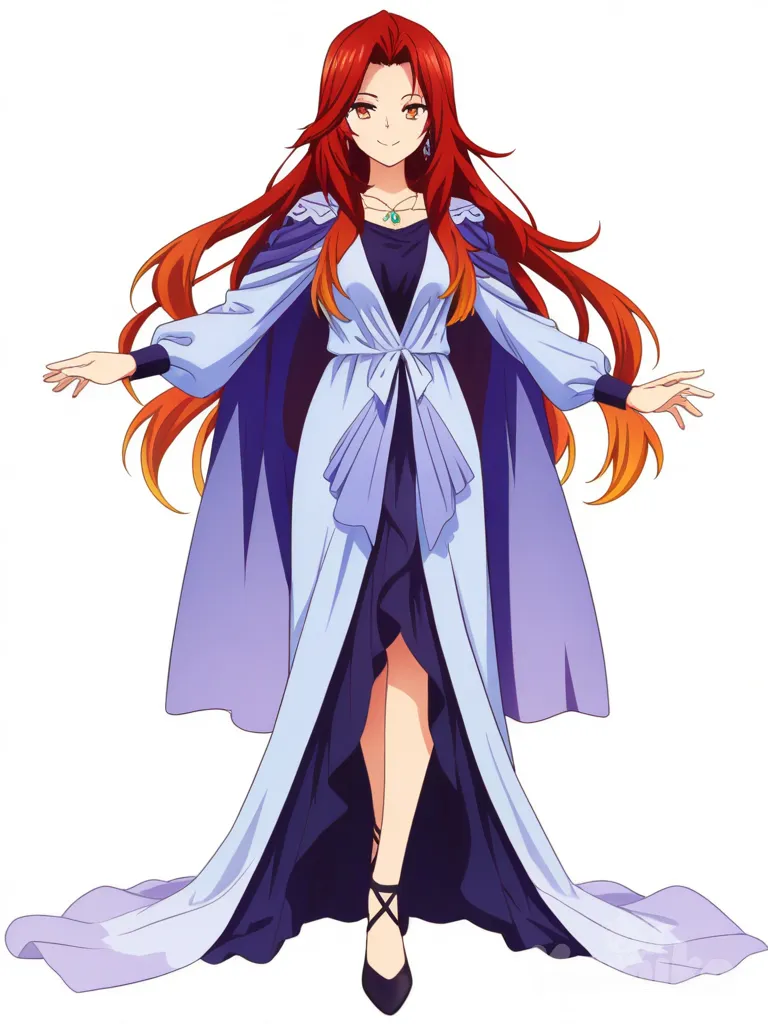 [pop-anime-style] 1girl, tall, slender build, long flowing hair, warm hazel eyes, charming smile, elegant clothing, delicate jewelry, graceful demeanor, soft voice, single character, full body, looking at viewer, anime style, simple background, white background