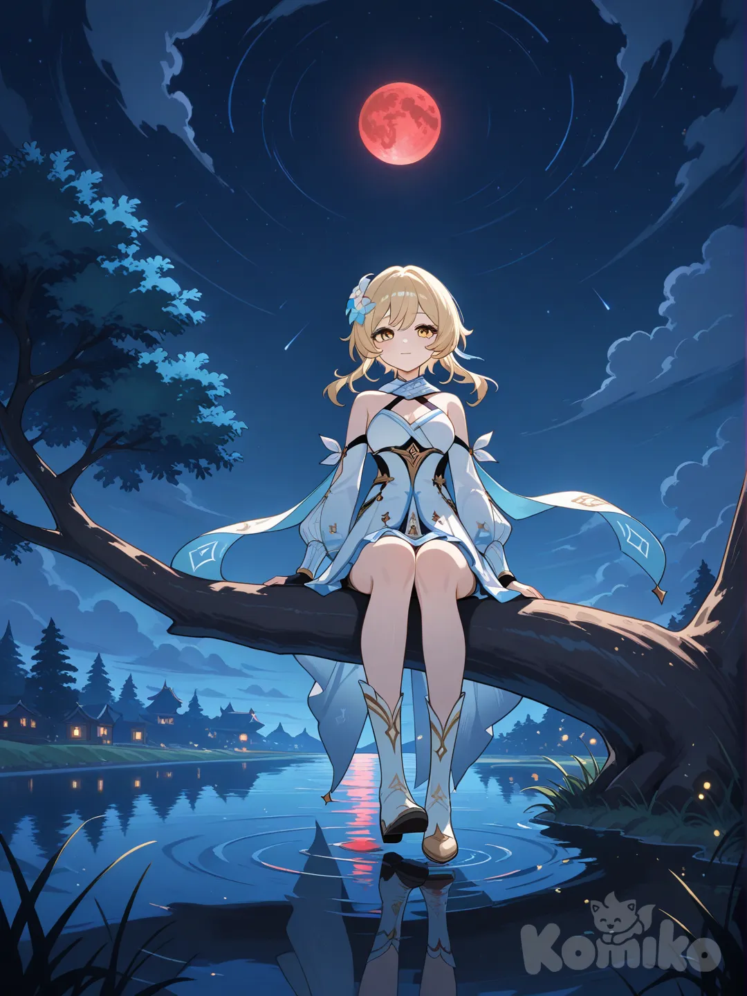 Lumine (Genshin Impact) is sitting on a tree at night, and watching the blood moon above, a river is flowing under, medium shot