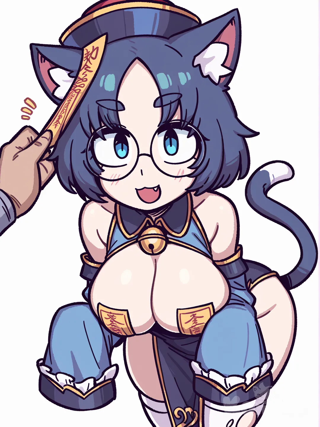 1girl, solo, breasts, looking_at_viewer, blush, smile, open_mouth, short_hair, blue_eyes, simple_background, large_breasts, long_sleeves, white_background, thighhighs, hat, cleavage, bare_shoulders, blue_hair, tail, thighs, frills, detached_sleeves, glasses, fang, cat_ears, white_thighhighs, parted_bangs, sleeves_past_wrists, cat_tail, torn_clothes, detached_collar, bell, skindentation, leaning_forward, skin_fang, pelvic_curtain, jingle_bell, sleeves_past_fingers, round_eyewear, ofuda, pasties, torn_thighhighs, jiangshi, blue_sleeves, qingdai_guanmao, talisman, jiangshi_costume, [helltalker-style]