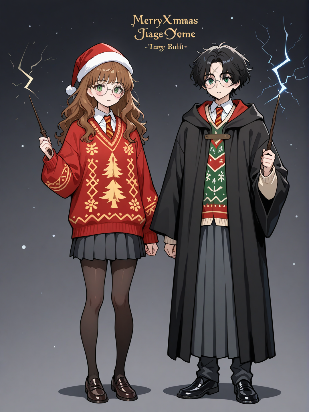 @Harry_Potter and @Hermione_Granger, Gryffindor uniform, Christmas outfits