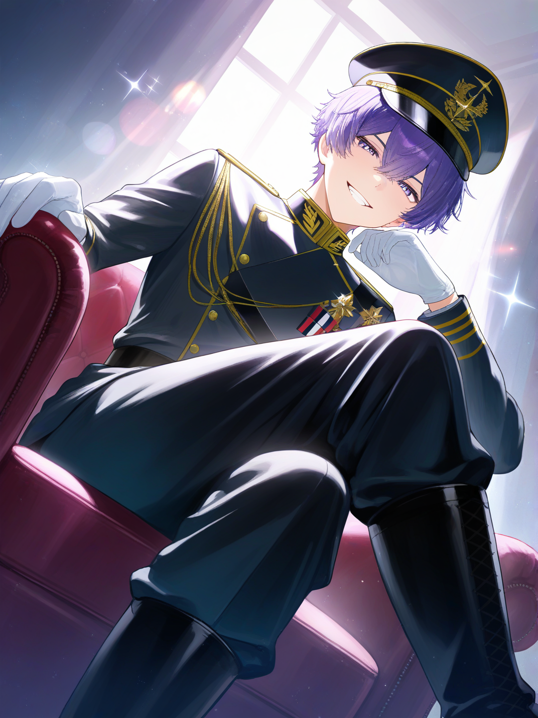 1boy, short hair, purple hair, purple eyes, narrowed eyes, bright pupils, white gloves, military uniform, military hat, boots, evil grin, armchair, 1.2::figure four sitting::, from below, looking down, indoors, sparkle, diffraction spikes, glint, three quarter view, dutch angle, location, [moody-glow-style]