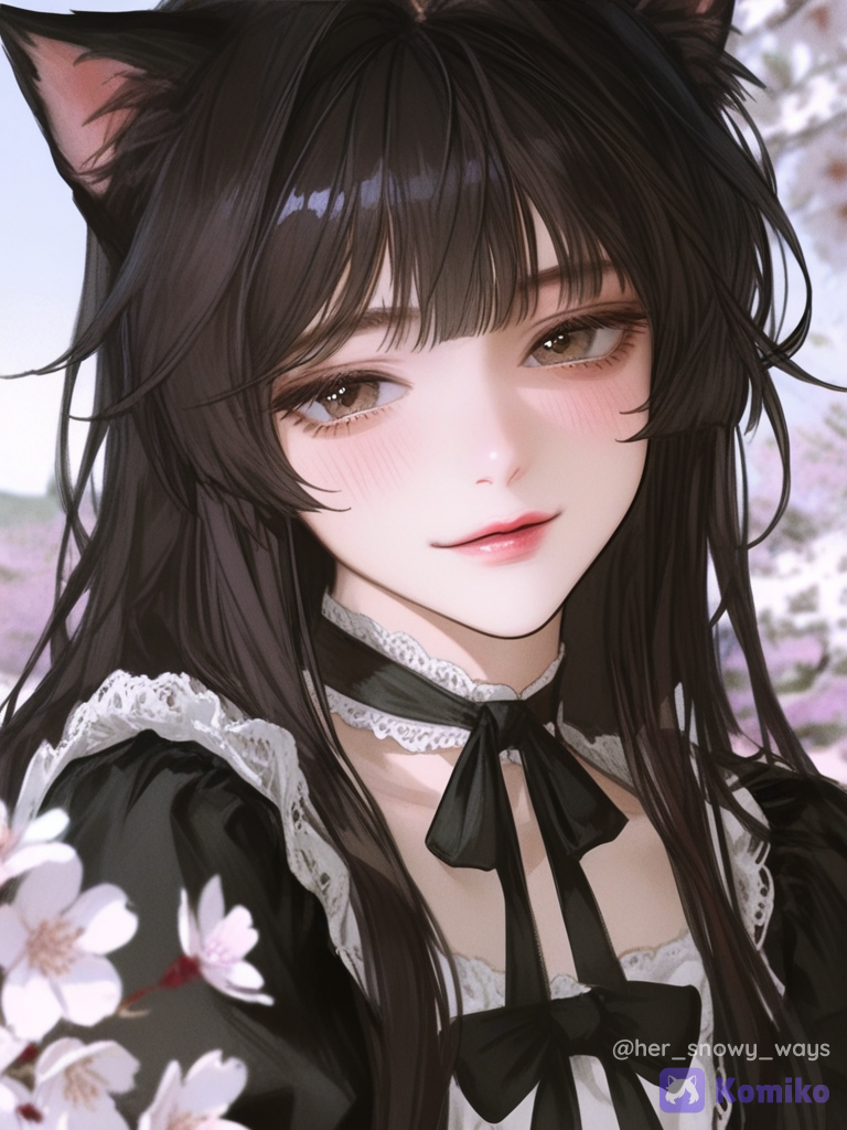 [semi-realistic-portrait-style], @snow-D3PU, smile, smirk, blush, lolita outfit, lace, leather, silk, ruffles, choker, cat ears, loose hair, stockings, thigh-high boots, full body, cherry blossom path