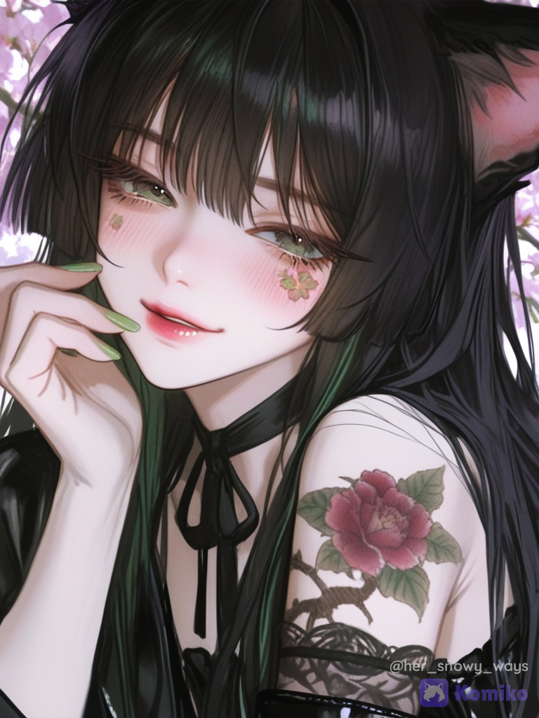 [semi-realistic-portrait-style], @snow-D3PU, smile, smirk, blush, lolita outfit, lace, leather, silk, ruffles, choker, cat ears, loose hair, stockings, thigh-high boots, full body, cherry blossom path