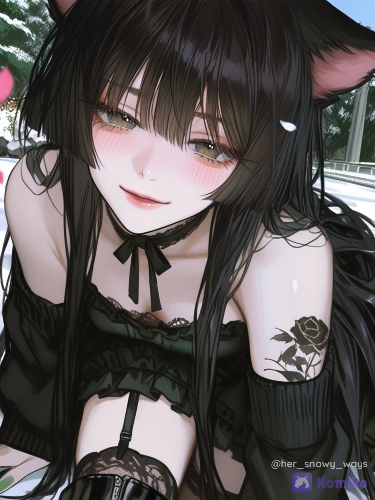 [semi-realistic-portrait-style], @snow-D3PU, smile, smirk, blush, lolita outfit, lace, leather, silk, ruffles, choker, cat ears, loose hair, stockings, thigh-high boots, full body, cherry blossom path