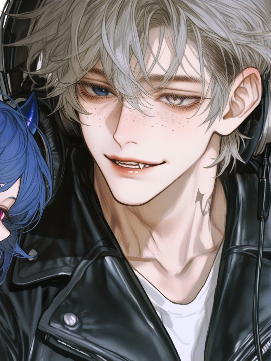 [semi-realistic-portrait-style]1boy, Tall, lean build, Sharp jawline, Kind, sapphire eyes, Soft, Slightly disheveled fringe, Gentle smile, Stylish casual wear, Long, slender fingers, Charming aura, anime coloring, mature, muscular, tall, blue hair, silver hair, undercut, heterochromia, scar, freckles, dimple, tattoo, leather jacket, suit, horns, headphones