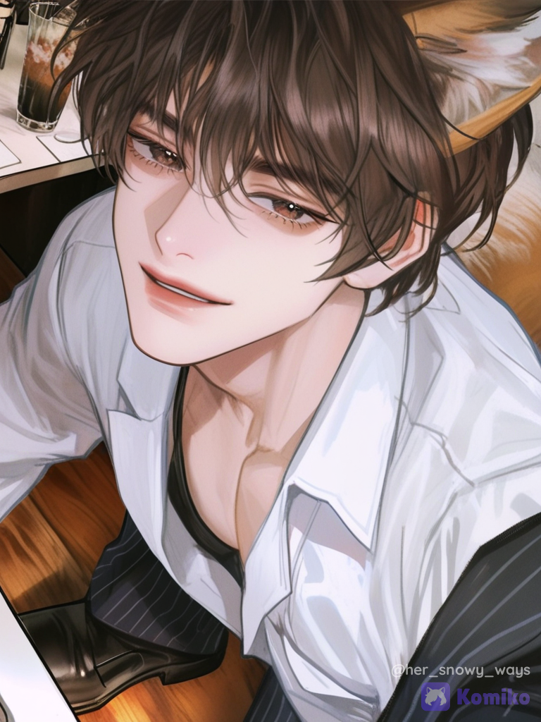 [semi-realistic-portrait-style], 1boy, @aston-qVs5, selfie, smile, suit, leather, fox ears, slip-on shoes, curly brown hair, warm kind eyes, full body, cafe