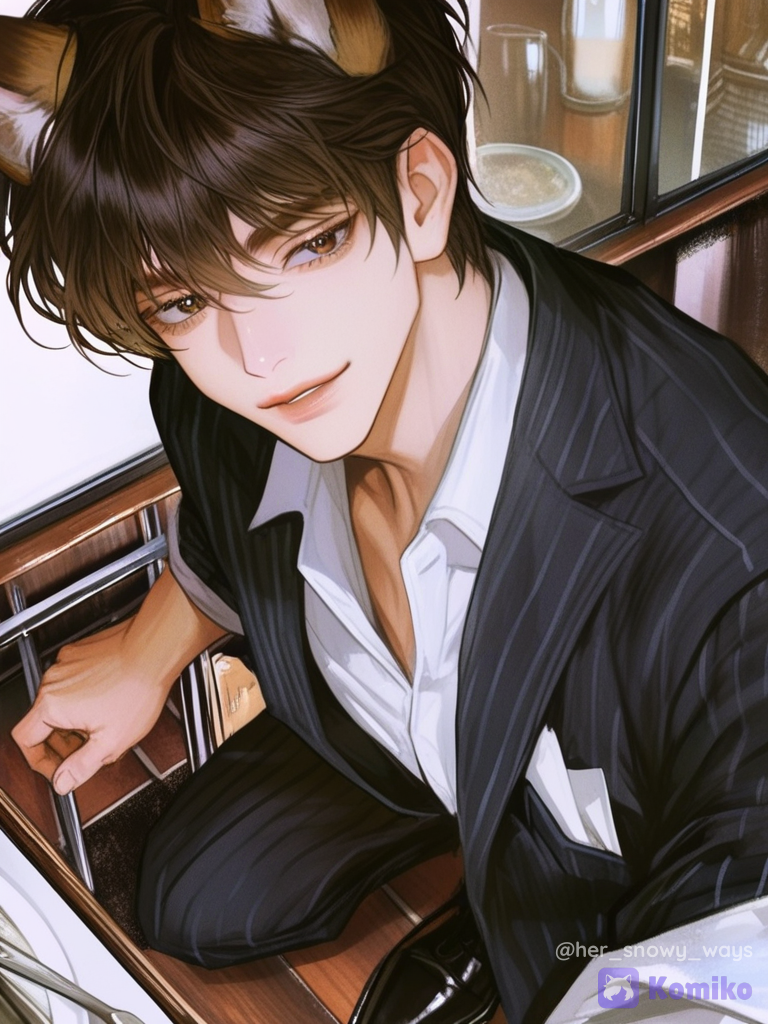 [semi-realistic-portrait-style], 1boy, @aston-qVs5, selfie, smile, suit, leather, fox ears, slip-on shoes, curly brown hair, warm kind eyes, full body, cafe