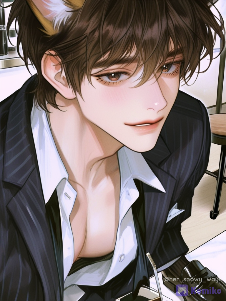 [semi-realistic-portrait-style], 1boy, @aston-qVs5, selfie, smile, suit, leather, fox ears, slip-on shoes, curly brown hair, warm kind eyes, full body, cafe