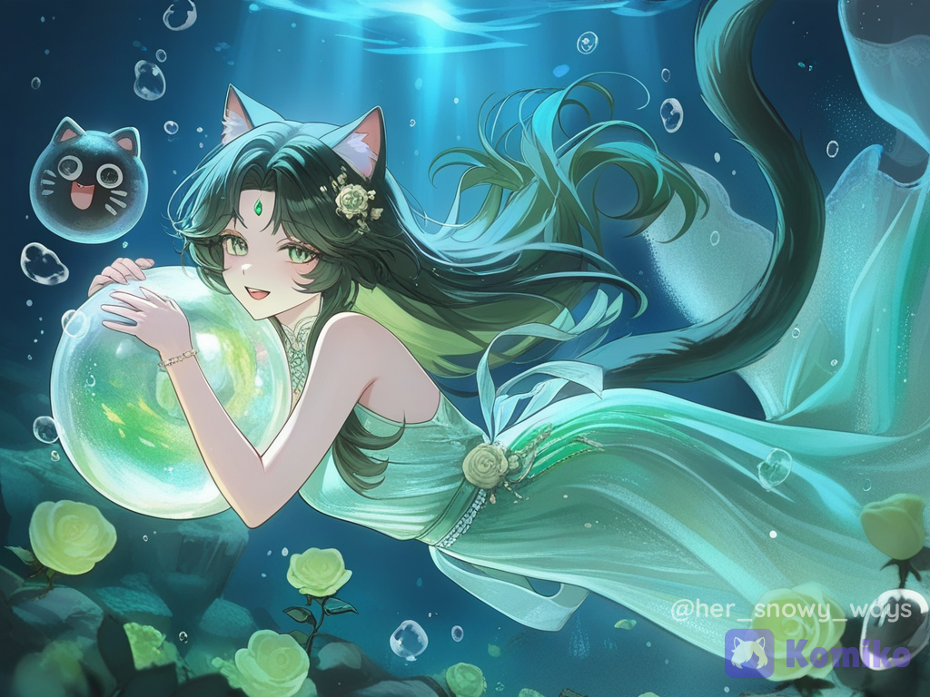 underwater, night, wide shot, depth of field, [polished-illustration-style], @snow-D3PU