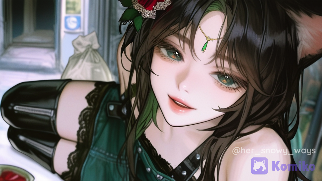 [semi-realistic-portrait-style], 1girl, @snow-D3PU, smile, streetwear outfit, lace, silk, leather, wool fabric, denim, studs, ruffles, cat ears, loose hair, stockings, thigh-high boots, full body, alley