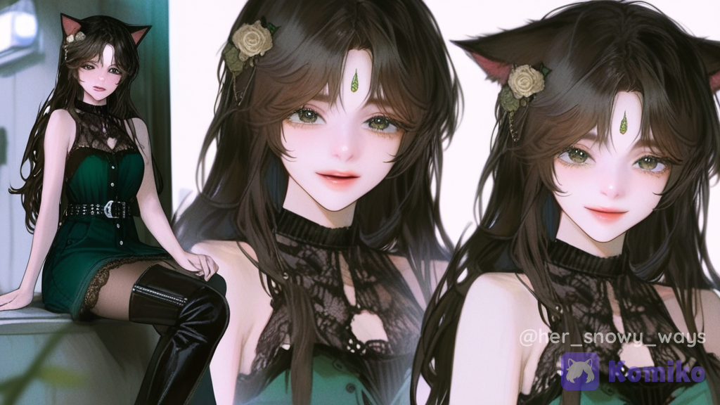 [semi-realistic-portrait-style], 1girl, @snow-D3PU, smile, streetwear outfit, lace, silk, leather, wool fabric, denim, studs, ruffles, cat ears, loose hair, stockings, thigh-high boots, full body, alley