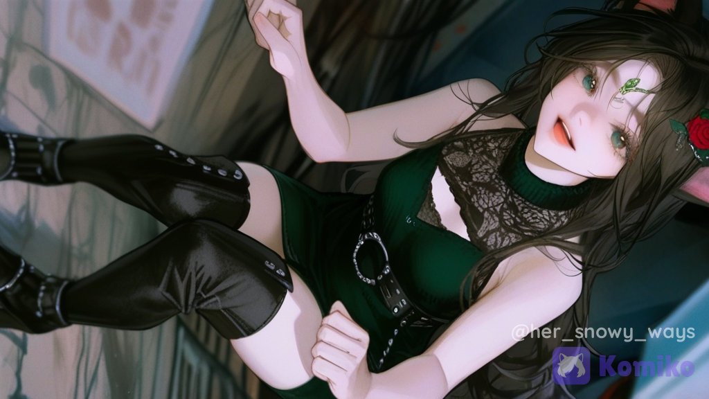 [semi-realistic-portrait-style], 1girl, @snow-D3PU, smile, streetwear outfit, lace, silk, leather, wool fabric, denim, studs, ruffles, cat ears, loose hair, stockings, thigh-high boots, full body, alley
