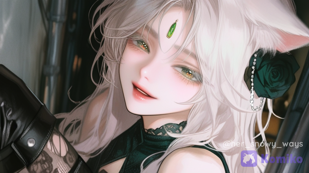 1girl, solo, smile, open mouth, parted bangs, long hair, loose hair, hair down, green and white hair, multicolored hair, green eyes, colored eyelashes, forehead jewel, cat ears, bare shoulders, sleeveless dress, green dress, rose hair ornament, lace, silk, leather, wool fabric, denim, studs, ruffles, stockings, thigh-high boots, streetwear outfit, full body, looking at viewer, alley, blurry background, blurry foreground, soft focus, glossy, glossy lips, semi-realistic, manhwa style, digital illustration, [semi-realistic-portrait-style]