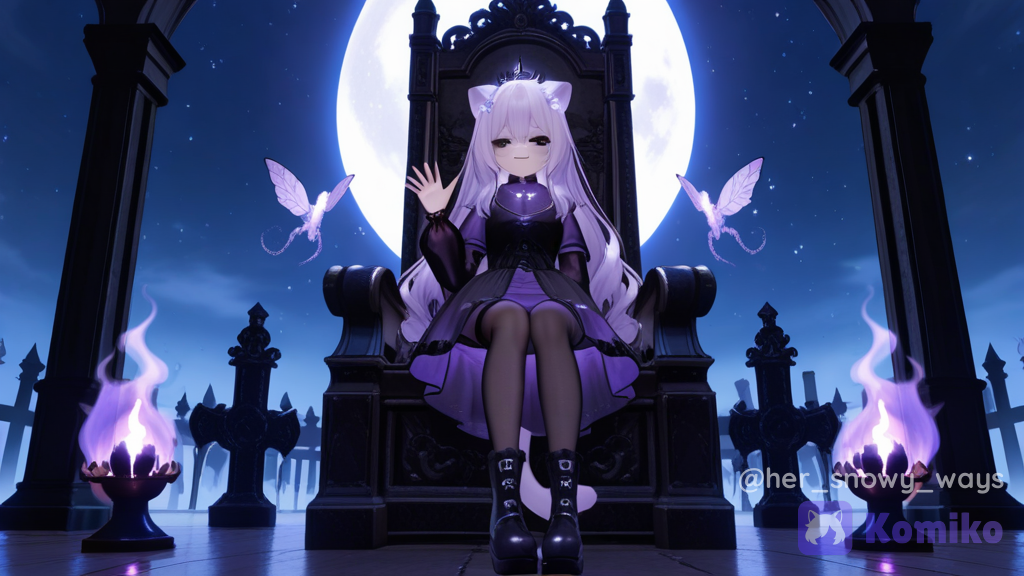 [3d-anime-style], Here's a character prompt for Raven: --- Prompt: Raven, Goddess of the Undead A breathtakingly beautiful petite neko goddess standing at only 5'0", with a graceful yet haunting presence. She has long, silky purple hair that cascades to her knees, accented by soft midnight highlights. Her black cat ears are tipped with violet, matching her elegant, flowing tail. Her mesmerizing obsidian-black eyes shimmer with faint violet light, giving the impression of endless darkness. Her porcelain skin contrasts beautifully with her dark features, while delicate black markings resembling ancient necromantic runes glow faintly across her shoulders, arms, and legs. She wears an elegant gothic gown of flowing black and deep purple fabrics, adorned with silver filigree, ravens, crescent moons, skeletal roses, and glowing amethyst gemstones. A regal crown of black crystal and purple roses rests upon her head, symbolizing her divine authority over death and the undead. Around her neck hangs an ancient amethyst pendant containing the souls of loyal spirits. Floating ghostly ravens circle around her as wisps of purple mist swirl at her feet. Ethereal skeletal butterflies drift through the air while glowing blue spirit flames illuminate the darkness. Behind her stands a colossal moon beneath an endless night sky filled with stars and eclipses. Ancient ruins, twisted trees, forgotten gravestones, and ghostly spirits surround her divine throne, creating an atmosphere that is eerie yet majestic. Despite ruling over the undead, Raven's expression is calm, compassionate, and wise rather than evil. She embodies the peaceful balance between life and death, guiding lost souls safely into the afterlife. Powers & Abilities: Goddess of the Undead Necromancy Spirit Manipulation Soul Guidance Shadow Magic Resurrection of Ancient Guardians Ghost Summoning Raven Command Curse and Blessing Magic Lunar Darkness Immortality Divine Aura of Death Teleportation Through Shadows Healing Lost Souls Eternal Queen of the Afterlife Art Style: Ultra-fantasy anime, cinematic lighting, gothic elegance, ethereal atmosphere, glowing magical effects, dramatic composition, intricate clothing details, majestic divine presence, 8K quality., waving, holding hair, sitting on a chair, smirk, streetwear outfit, lace, chainmail, denim, leather, silk, translucent fabric, wool fabric, studs, tassels, ruffles, cat ears, loose hair, purple hair, black eyes, Neko, sitting on throne, stockings, knee-high boots, full body, throne room
