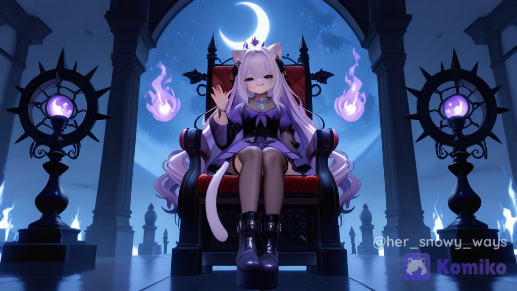 [3d-anime-style], Here's a character prompt for Raven: --- Prompt: Raven, Goddess of the Undead A breathtakingly beautiful petite neko goddess standing at only 5'0", with a graceful yet haunting presence. She has long, silky purple hair that cascades to her knees, accented by soft midnight highlights. Her black cat ears are tipped with violet, matching her elegant, flowing tail. Her mesmerizing obsidian-black eyes shimmer with faint violet light, giving the impression of endless darkness. Her porcelain skin contrasts beautifully with her dark features, while delicate black markings resembling ancient necromantic runes glow faintly across her shoulders, arms, and legs. She wears an elegant gothic gown of flowing black and deep purple fabrics, adorned with silver filigree, ravens, crescent moons, skeletal roses, and glowing amethyst gemstones. A regal crown of black crystal and purple roses rests upon her head, symbolizing her divine authority over death and the undead. Around her neck hangs an ancient amethyst pendant containing the souls of loyal spirits. Floating ghostly ravens circle around her as wisps of purple mist swirl at her feet. Ethereal skeletal butterflies drift through the air while glowing blue spirit flames illuminate the darkness. Behind her stands a colossal moon beneath an endless night sky filled with stars and eclipses. Ancient ruins, twisted trees, forgotten gravestones, and ghostly spirits surround her divine throne, creating an atmosphere that is eerie yet majestic. Despite ruling over the undead, Raven's expression is calm, compassionate, and wise rather than evil. She embodies the peaceful balance between life and death, guiding lost souls safely into the afterlife. Powers & Abilities: Goddess of the Undead Necromancy Spirit Manipulation Soul Guidance Shadow Magic Resurrection of Ancient Guardians Ghost Summoning Raven Command Curse and Blessing Magic Lunar Darkness Immortality Divine Aura of Death Teleportation Through Shadows Healing Lost Souls Eternal Queen of the Afterlife Art Style: Ultra-fantasy anime, cinematic lighting, gothic elegance, ethereal atmosphere, glowing magical effects, dramatic composition, intricate clothing details, majestic divine presence, 8K quality., waving, holding hair, sitting on a chair, smirk, streetwear outfit, lace, chainmail, denim, leather, silk, translucent fabric, wool fabric, studs, tassels, ruffles, cat ears, loose hair, purple hair, black eyes, Neko, sitting on throne, stockings, knee-high boots, full body, throne room