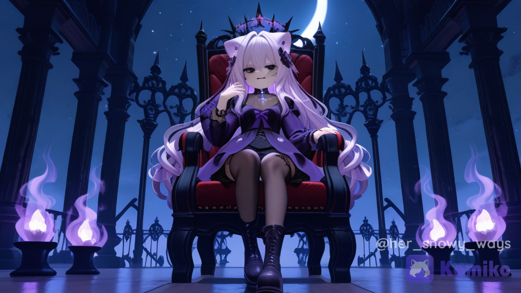 [3d-anime-style], Here's a character prompt for Raven: --- Prompt: Raven, Goddess of the Undead A breathtakingly beautiful petite neko goddess standing at only 5'0", with a graceful yet haunting presence. She has long, silky purple hair that cascades to her knees, accented by soft midnight highlights. Her black cat ears are tipped with violet, matching her elegant, flowing tail. Her mesmerizing obsidian-black eyes shimmer with faint violet light, giving the impression of endless darkness. Her porcelain skin contrasts beautifully with her dark features, while delicate black markings resembling ancient necromantic runes glow faintly across her shoulders, arms, and legs. She wears an elegant gothic gown of flowing black and deep purple fabrics, adorned with silver filigree, ravens, crescent moons, skeletal roses, and glowing amethyst gemstones. A regal crown of black crystal and purple roses rests upon her head, symbolizing her divine authority over death and the undead. Around her neck hangs an ancient amethyst pendant containing the souls of loyal spirits. Floating ghostly ravens circle around her as wisps of purple mist swirl at her feet. Ethereal skeletal butterflies drift through the air while glowing blue spirit flames illuminate the darkness. Behind her stands a colossal moon beneath an endless night sky filled with stars and eclipses. Ancient ruins, twisted trees, forgotten gravestones, and ghostly spirits surround her divine throne, creating an atmosphere that is eerie yet majestic. Despite ruling over the undead, Raven's expression is calm, compassionate, and wise rather than evil. She embodies the peaceful balance between life and death, guiding lost souls safely into the afterlife. Powers & Abilities: Goddess of the Undead Necromancy Spirit Manipulation Soul Guidance Shadow Magic Resurrection of Ancient Guardians Ghost Summoning Raven Command Curse and Blessing Magic Lunar Darkness Immortality Divine Aura of Death Teleportation Through Shadows Healing Lost Souls Eternal Queen of the Afterlife Art Style: Ultra-fantasy anime, cinematic lighting, gothic elegance, ethereal atmosphere, glowing magical effects, dramatic composition, intricate clothing details, majestic divine presence, 8K quality., waving, holding hair, sitting on a chair, smirk, streetwear outfit, lace, chainmail, denim, leather, silk, translucent fabric, wool fabric, studs, tassels, ruffles, cat ears, loose hair, purple hair, black eyes, Neko, sitting on throne, stockings, knee-high boots, full body, throne room
