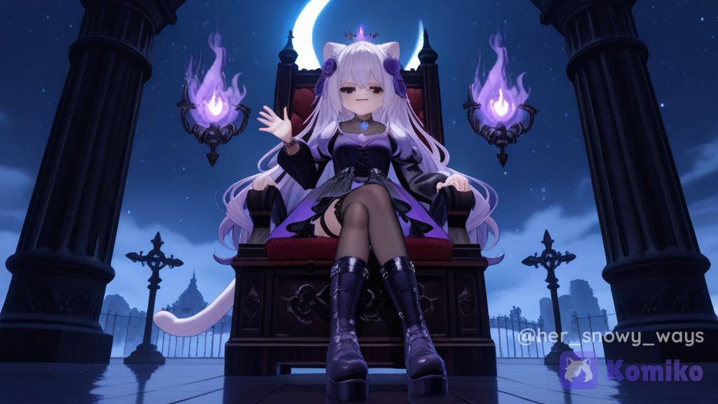 [3d-anime-style], Here's a character prompt for Raven: --- Prompt: Raven, Goddess of the Undead A breathtakingly beautiful petite neko goddess standing at only 5'0", with a graceful yet haunting presence. She has long, silky purple hair that cascades to her knees, accented by soft midnight highlights. Her black cat ears are tipped with violet, matching her elegant, flowing tail. Her mesmerizing obsidian-black eyes shimmer with faint violet light, giving the impression of endless darkness. Her porcelain skin contrasts beautifully with her dark features, while delicate black markings resembling ancient necromantic runes glow faintly across her shoulders, arms, and legs. She wears an elegant gothic gown of flowing black and deep purple fabrics, adorned with silver filigree, ravens, crescent moons, skeletal roses, and glowing amethyst gemstones. A regal crown of black crystal and purple roses rests upon her head, symbolizing her divine authority over death and the undead. Around her neck hangs an ancient amethyst pendant containing the souls of loyal spirits. Floating ghostly ravens circle around her as wisps of purple mist swirl at her feet. Ethereal skeletal butterflies drift through the air while glowing blue spirit flames illuminate the darkness. Behind her stands a colossal moon beneath an endless night sky filled with stars and eclipses. Ancient ruins, twisted trees, forgotten gravestones, and ghostly spirits surround her divine throne, creating an atmosphere that is eerie yet majestic. Despite ruling over the undead, Raven's expression is calm, compassionate, and wise rather than evil. She embodies the peaceful balance between life and death, guiding lost souls safely into the afterlife. Powers & Abilities: Goddess of the Undead Necromancy Spirit Manipulation Soul Guidance Shadow Magic Resurrection of Ancient Guardians Ghost Summoning Raven Command Curse and Blessing Magic Lunar Darkness Immortality Divine Aura of Death Teleportation Through Shadows Healing Lost Souls Eternal Queen of the Afterlife Art Style: Ultra-fantasy anime, cinematic lighting, gothic elegance, ethereal atmosphere, glowing magical effects, dramatic composition, intricate clothing details, majestic divine presence, 8K quality., waving, holding hair, sitting on a chair, smirk, streetwear outfit, lace, chainmail, denim, leather, silk, translucent fabric, wool fabric, studs, tassels, ruffles, cat ears, loose hair, purple hair, black eyes, Neko, sitting on throne, stockings, knee-high boots, full body, throne room