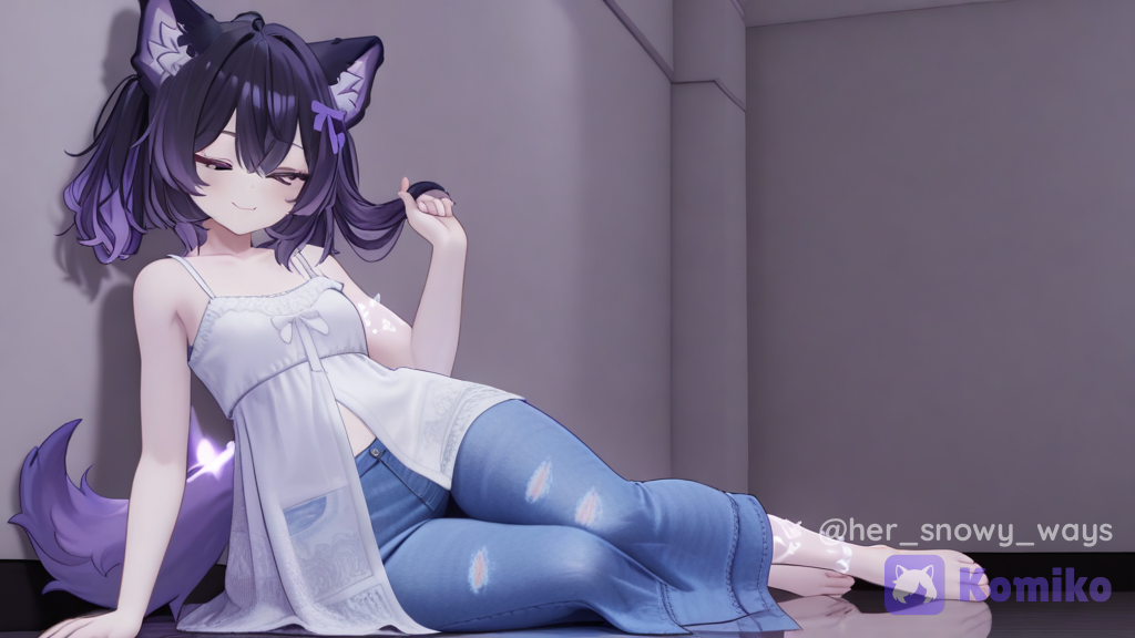 [3d-anime-style], 1girl, @raven-6UrA, holding hair, leaning against wall, smile, royal outfit, summer dress, lace, denim, silk, wool fabric, leather, wolf ears, twin tails, silver hair, messy hair, full body