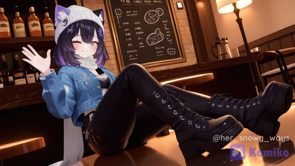 [3d-anime-style], @raven-6UrA, waving, smile, lace, denim, leather, silk, wool fabric, wolf ears, loose hair, stockings, knee-high boots, full body, 1girl, streetwear outfit, restaurant