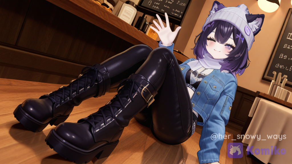 [3d-anime-style], @raven-6UrA, waving, smile, lace, denim, leather, silk, wool fabric, wolf ears, loose hair, stockings, knee-high boots, full body, 1girl, streetwear outfit, restaurant
