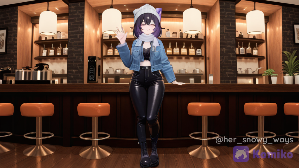 [3d-anime-style], @raven-6UrA, waving, smile, lace, denim, leather, silk, wool fabric, wolf ears, loose hair, stockings, knee-high boots, full body, 1girl, streetwear outfit, restaurant