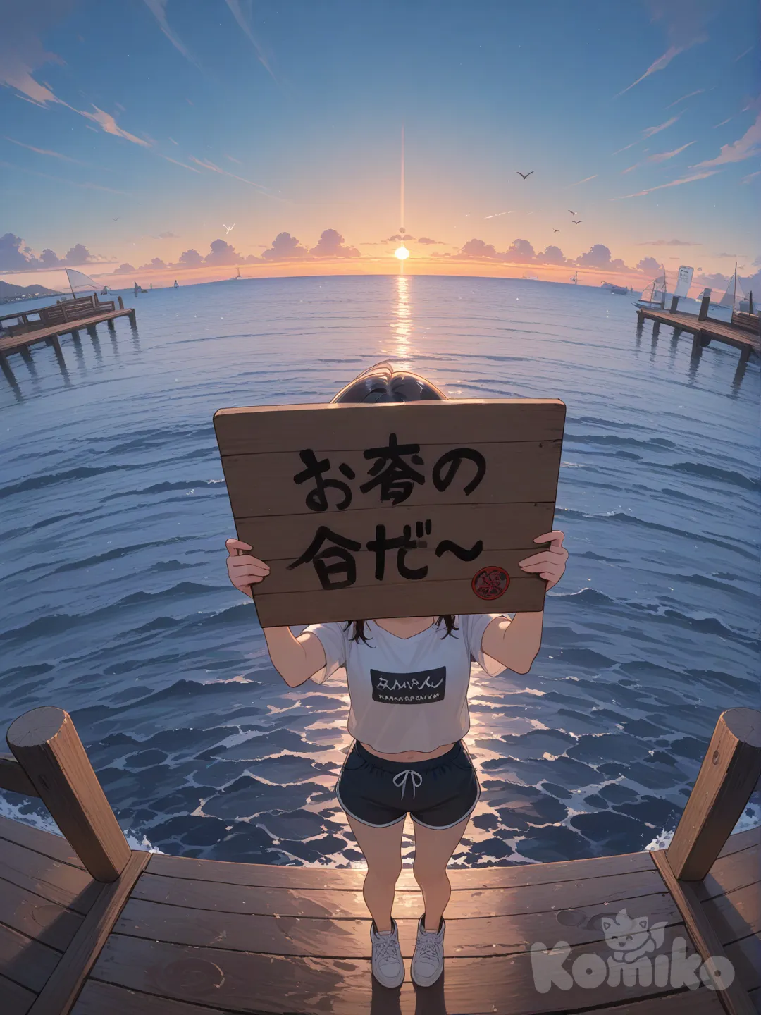 holding sign, henley shirt, bird's-eye view, pier, day, twilight