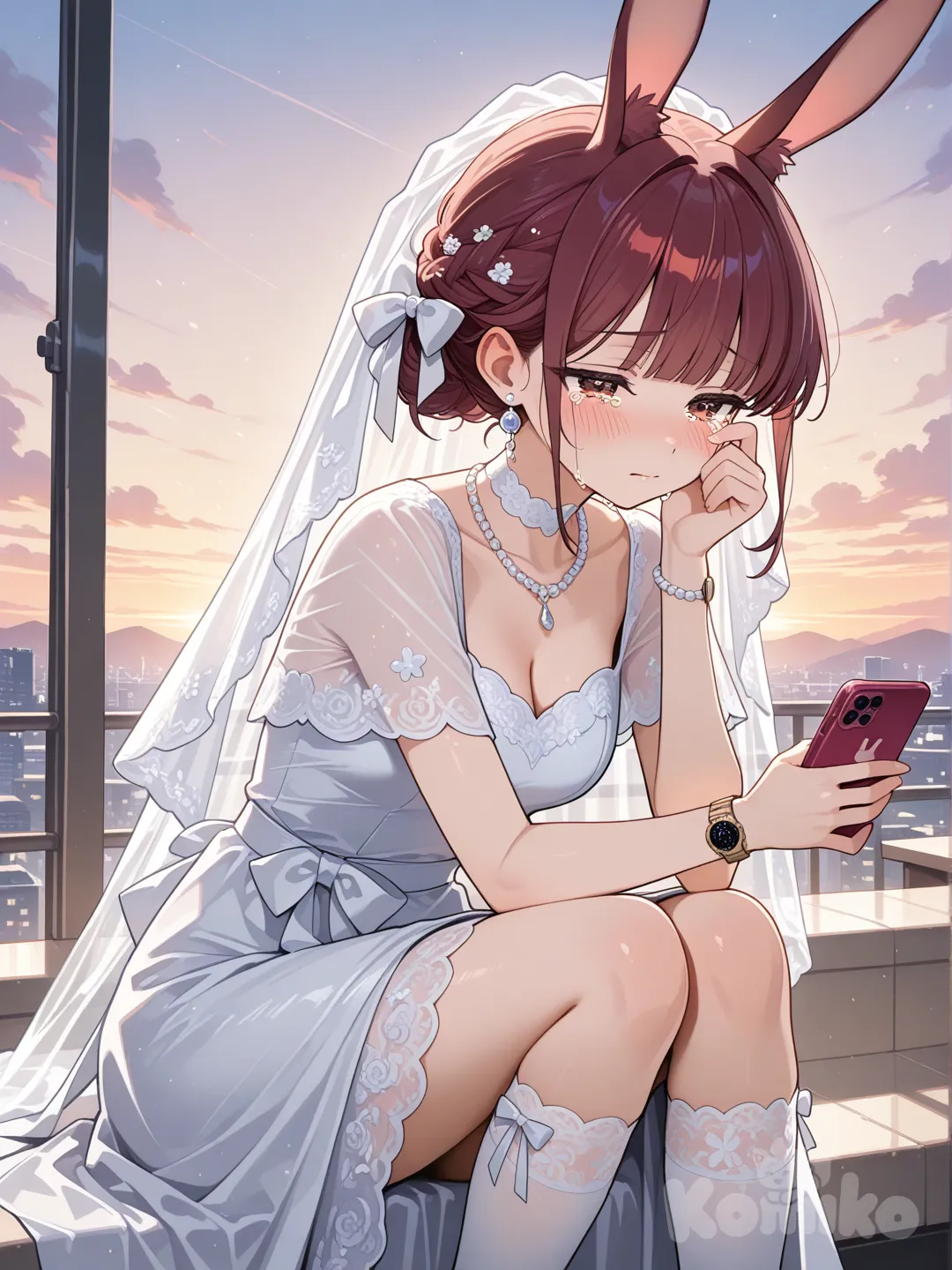 1girl, wiping tears, looking at phone, depressed, blush, evening dress, lace, earrings, necklace, choker, bow, wedding veil, jewelry, diamonds, pearls, bracelet, knee-high socks, rabbit ears, digital watch, updo, straight bangs, burgundy, panoramic lens