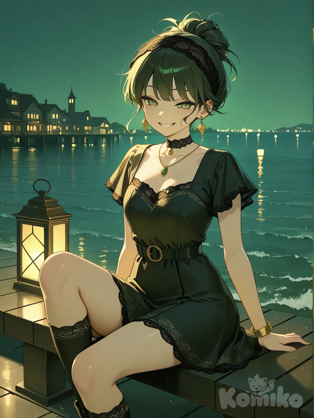 1girl, sitting on the ground, evil smile, little black dress, lace, earrings, necklace, choker, bracelet, knee-high socks, jewelry, headband, updo, olive green, portrait, light, pier, ambient light, day