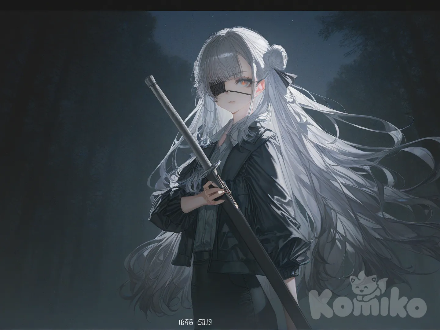 1girl, [soft-light-illustration-style], holding sword, pencil skirt, eye patch, upper body, looking at viewer, night, cinematic lighting, forest, village
